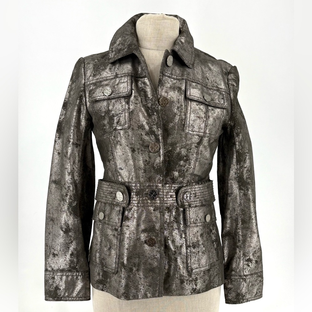 Tory Burch Sargent Peppers Distressed Metallic Silver Leather Jacket Size 6